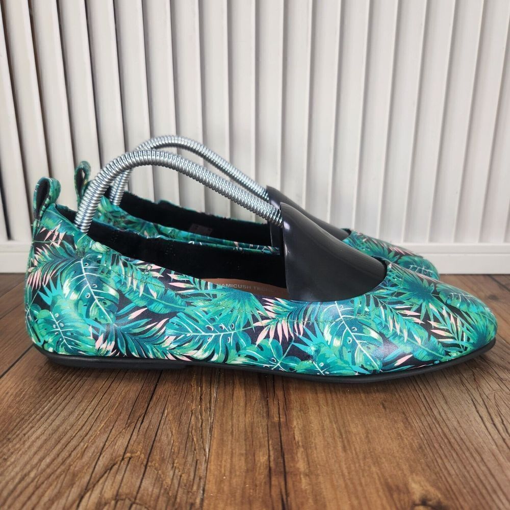 Fitflop Allegro Womens 9 Green Leather Palm Trees Print Beach Ballet Flats Shoes
